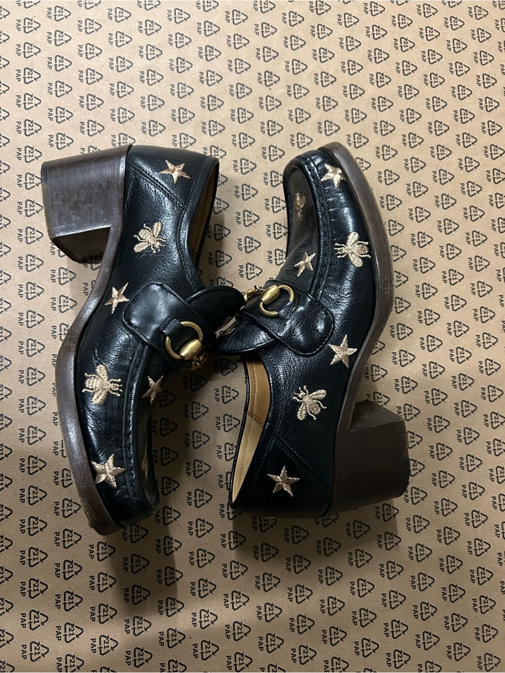 Gucci Black Leather Embroidered Bee & Star Block Heel Mules Size 36 1/2 see pic